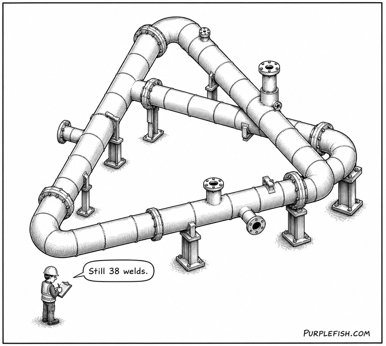 An isometric drawing of an impossible triangular piping loop with flanges and pipe supports, while a hard-hatted estimator with a clipboard says 'Still 38 welds.' - illustrating weld counting from piping ISOs