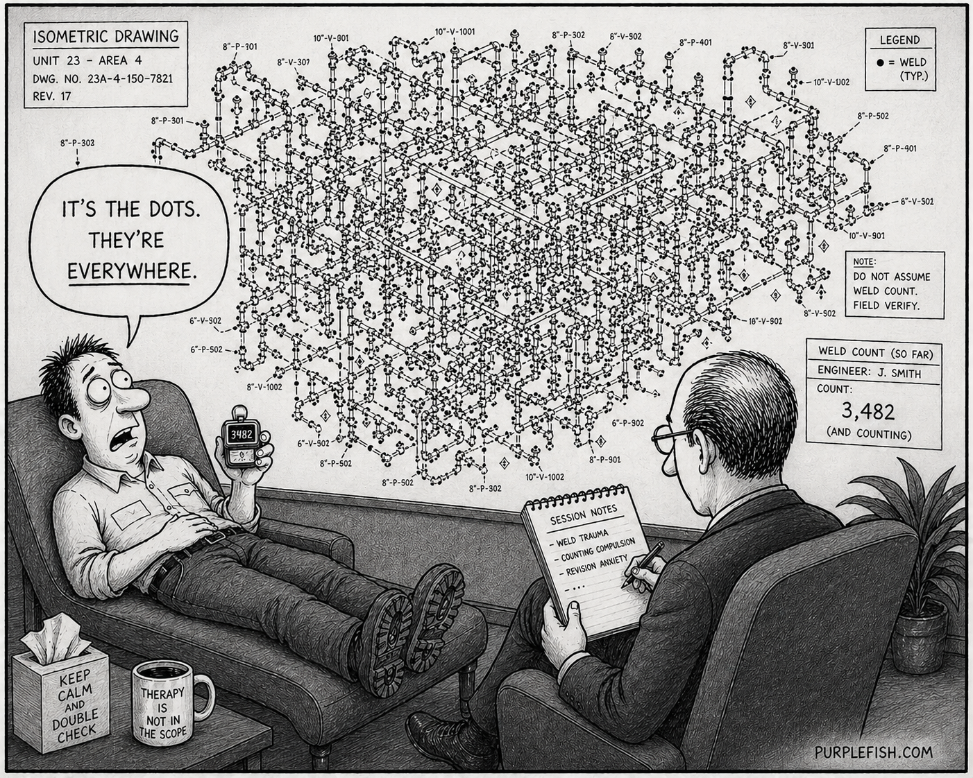 Cartoon illustration of an engineer in therapy discussing isometric drawings