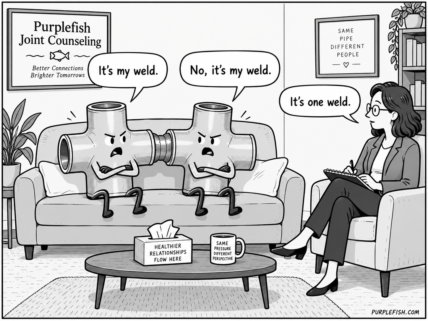 Pen-and-ink cartoon at Purplefish Joint Counseling: two pipe cross fittings joined by a single weld sit on a couch arguing 'It's my weld' and 'No, it's my weld' while a therapist replies 'It's one weld' - illustrating how the joint engine counts each weld once instead of counting component ends twice