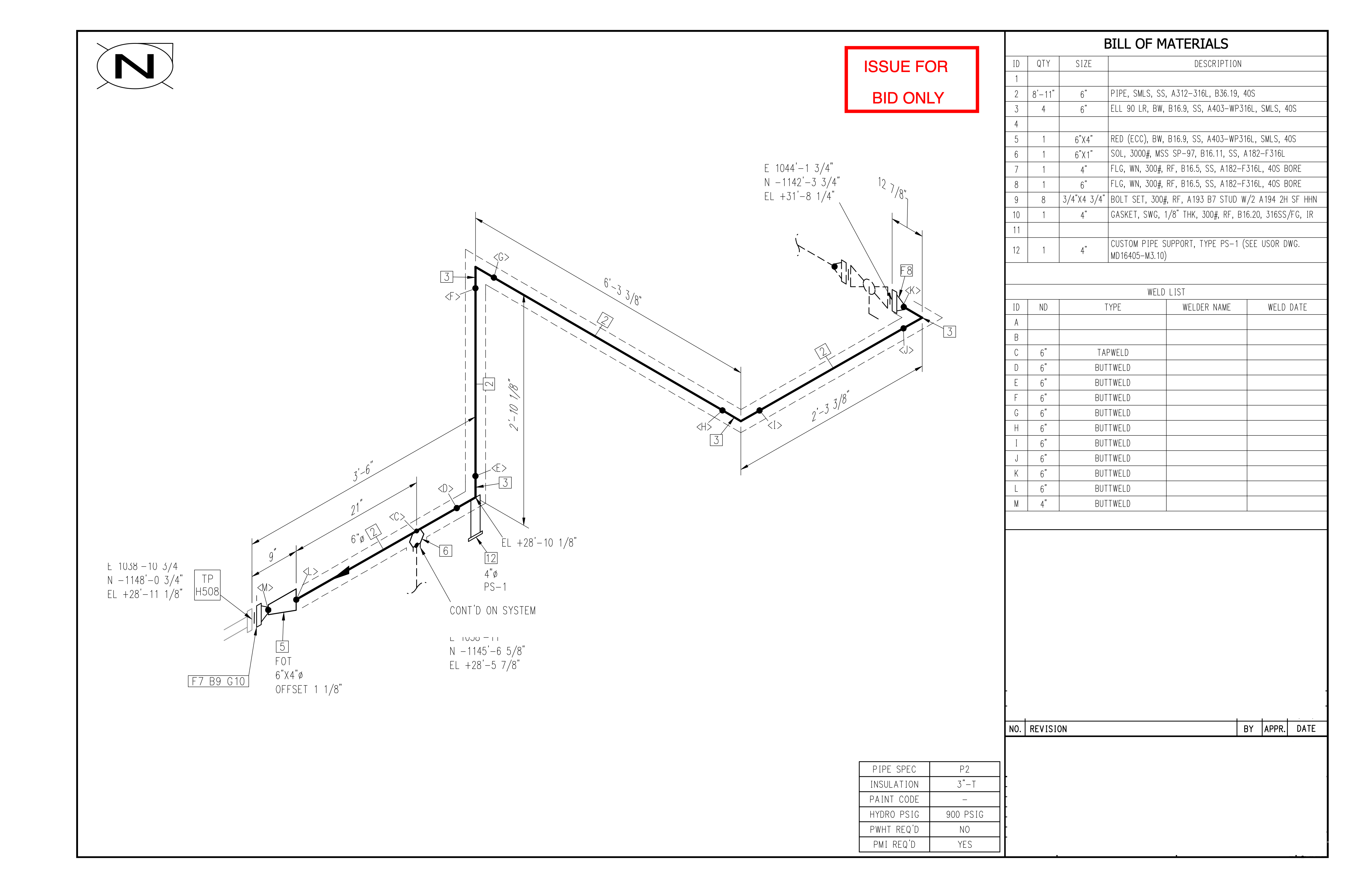 Pipe isometric drawing with bill of materials and weld list - example of the type of drawing Purplefish processes for automated takeoff