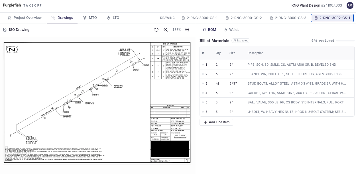 Purplefish platform showing ISO drawing on left with AI-extracted bill of materials on right - pipe, flanges, stud bolts, gaskets, valves with quantities and descriptions